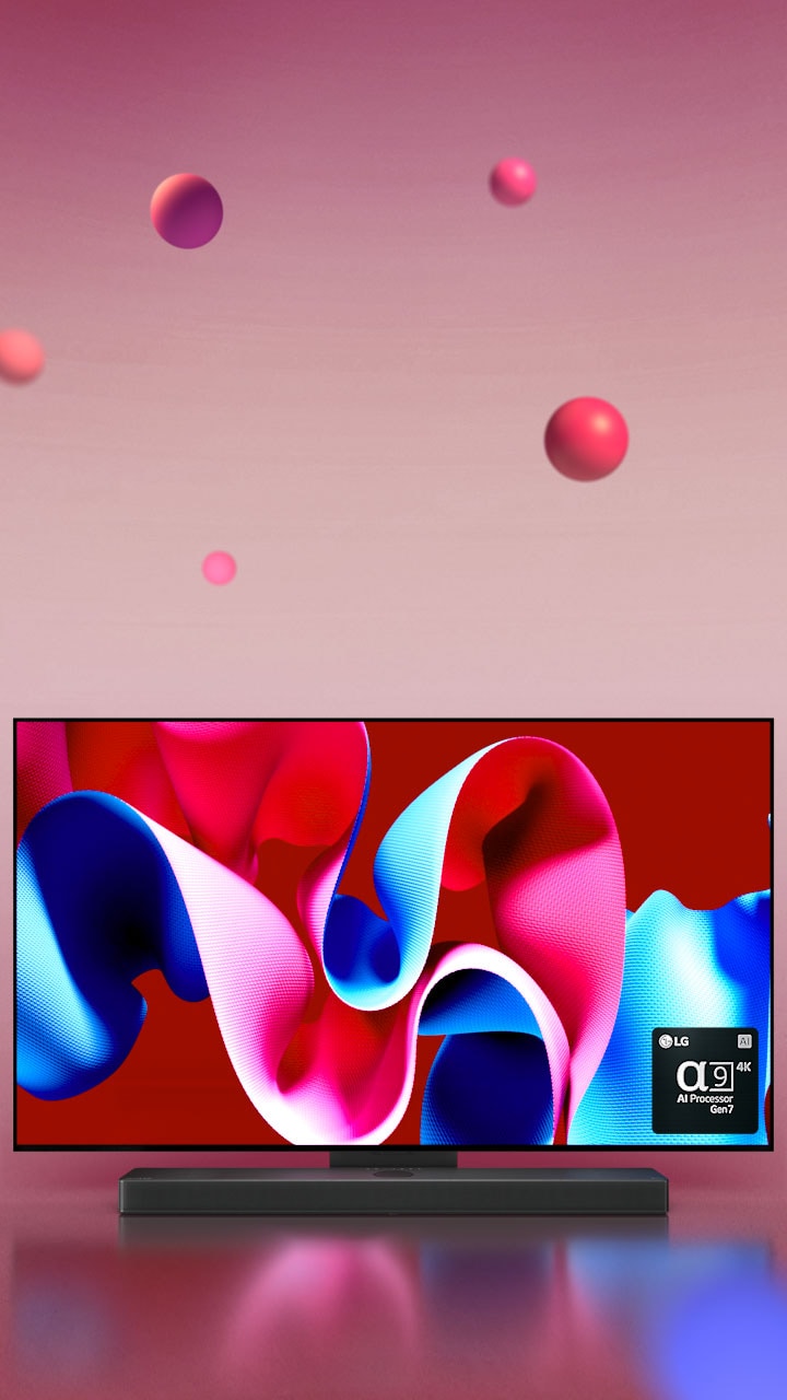 LG OLED C4 and LG Soundbar-ready as they are facing 45 degrees to the right with a pink and blue abstract artwork on screen against a pink backdrop with 3D spheres. The OLED TV and LG Soundbar rotate to face the front. On the bottom right there is a logo of LG alpha 9 AI processor Gen7.