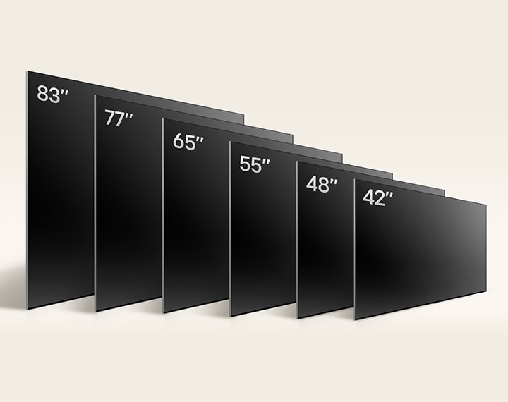 Comparing LG OLED TV, OLED C4's varying sizes, showing OLED C4 42", OLED 48", OLED C4 55", OLED C4 65", OLED C4 77", and OLED C4 83".