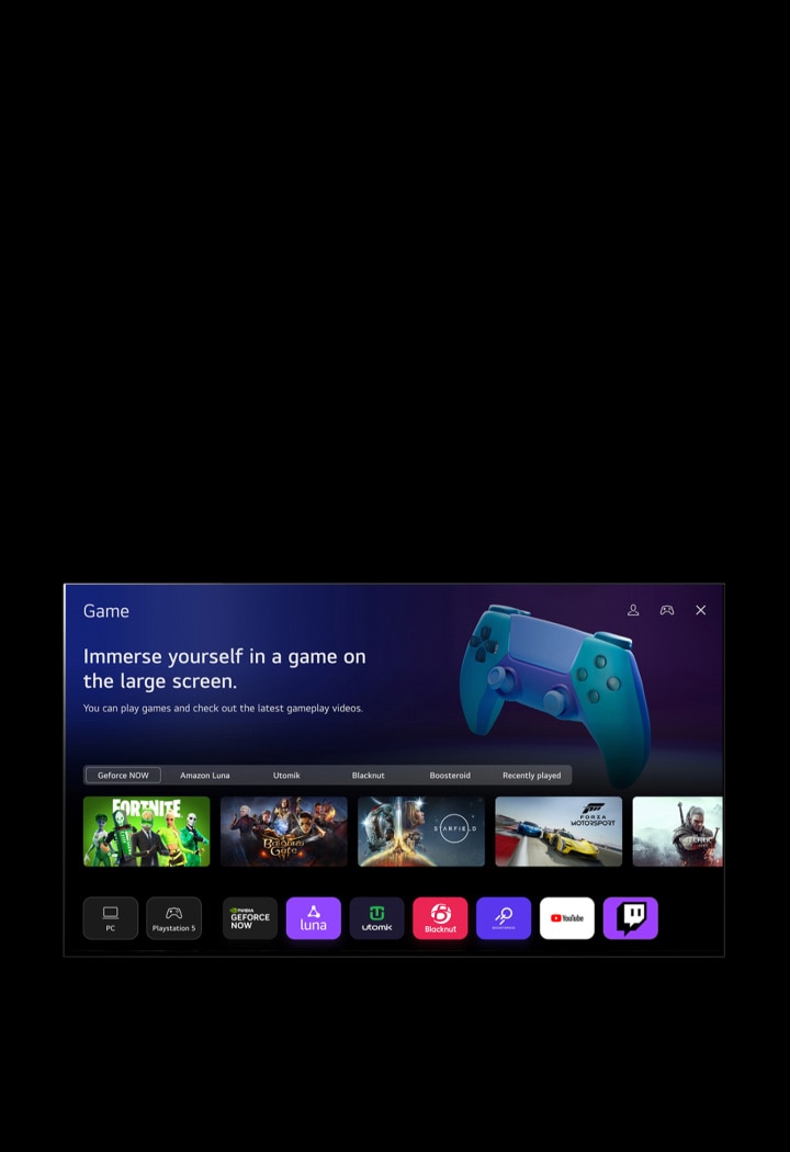 A cursor clicks on Sports and the screen fades into a Sports homepage with the text "Register your favorite team/player for more information about league standing, game schedules or any other updates," and "Popular league list." Five thumbnails are labeled as Soccer, Basketball, Baseball, Cricket, and Ice Hockey. The screen fades back, the cursor clicks on Game, and the screen fades into a Game homepage with the text "Immerse yourself in a game on the large screen. You can play games and check out the latest gameplay videos." The image shows buttons labeled Geforce NOW, Amazon Luna, Utomik, Blacknut, Boosteroid, and Recently played. The following logos are displayed: GeForce Now, Amazon Luna, Utomik, Blacknut, Boosteroid, YouTube, and Twitch.