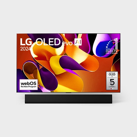 Front view with LG OLED evo TV, OLED G4, 11 Years of world number 1 OLED Emblem, and 5-Year Panel Warranty logo on screen, as well as the Soundbar below