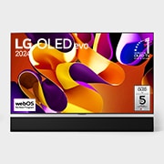 Front view with LG OLED evo TV, OLED G4, 11 Years of world number 1 OLED Emblem, and 5-Year Panel Warranty logo on screen, as well as the Soundbar below