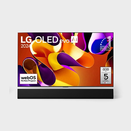 Front view with LG OLED evo TV, OLED G4, 11 Years of world number 1 OLED Emblem, and 5-Year Panel Warranty logo on screen, as well as the Soundbar below