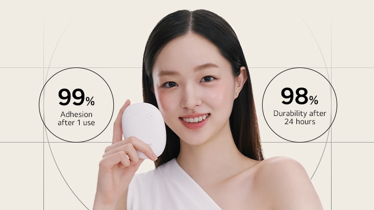 Image of a female model holding the product. After makeup, 99% increase in adhesion after 1 use, 98% retention after 24 hours.