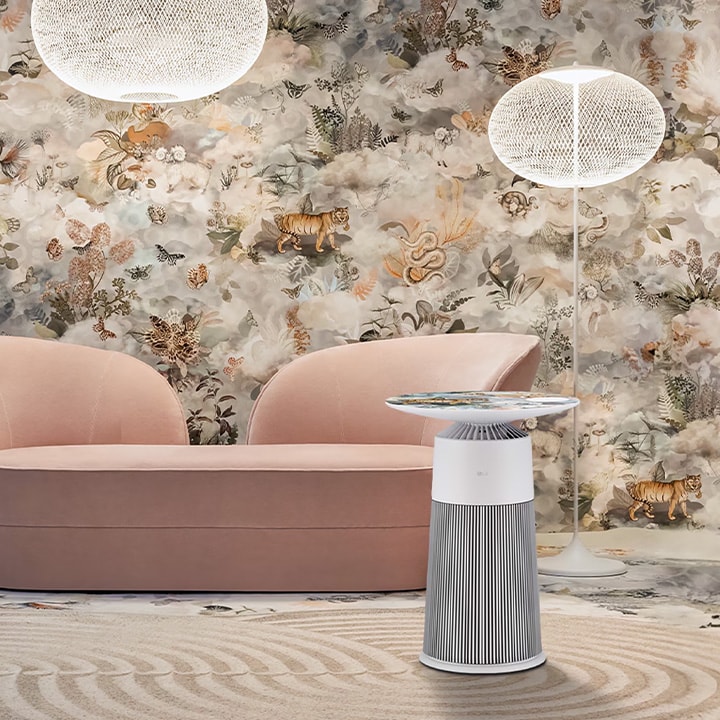 An interior with an LG air purifier equipped with moooi's Coccinella Bella product and a wall with Moooi's pattern.	