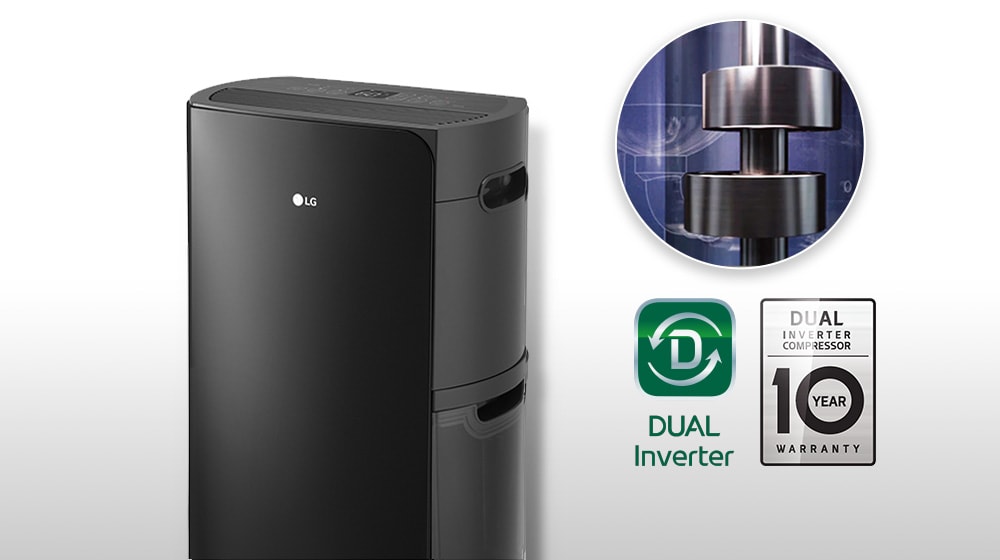 Dehumidifier product image and the logo of DUAL Inverter Compressor with 10 year warranty.