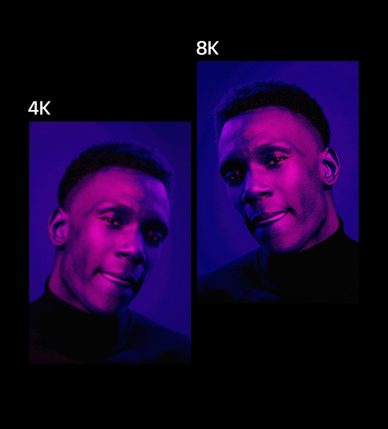  On the right is an image of a close-up of man’s face under purple lighting and the text above it says 8K. It is very clear. On the left is a same image but a bit less clear and the text above it says 2K and the image becomes a bit clearer and the text above changes to 4K.