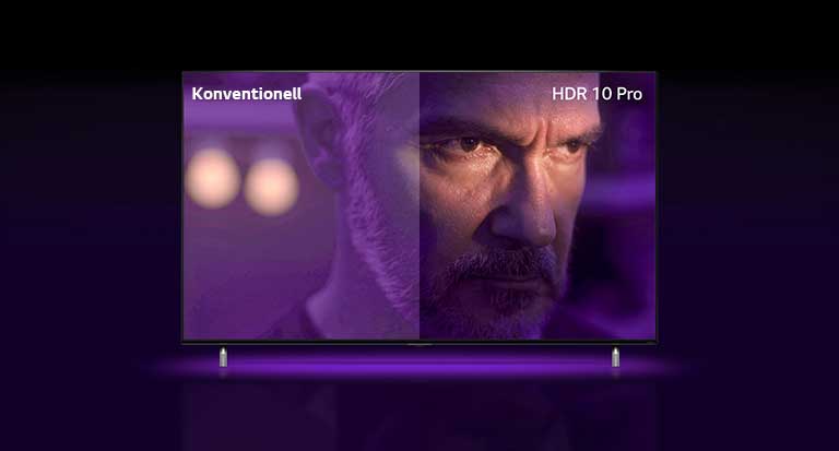 A man is staring outside, looking mad. The image is divided into two part. On left half of image appears to be dull and less vibrant color, while on the right half of image looks more vibrant with more colors. On left top corner says ‘conventional’, on right top corner says ‘HDR 10 PRO’. The image zooms out and shows QNED TV.