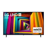 Front view of LG UHD TV, UT90 with text of LG UHD AI, 2024, and webOS Re:New Program logo on screen