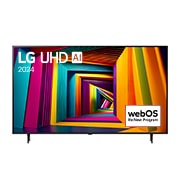 Front view of LG UHD TV, UT90 with text of LG UHD AI, 2024, and webOS Re:New Program logo on screen