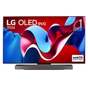 Front view with LG OLED evo TV, OLED C4, 11 Years of world number 1 OLED Emblem logo and webOS Re:New Program logo on screen, as well as the Soundbar below