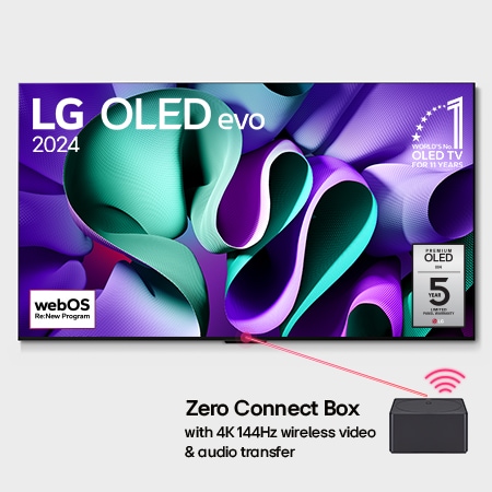 Front view with LG OLED evo TV, OLED M4, 11 Years of world number 1 OLED Emblem, webOS Re:New Program logo, 5-Year Panel Warranty logo on screen, and a Zero Connect Box with 4K 144Hz wireless video & audio transfer connected to a TV, and a Wi-Fi signal coming out of the box