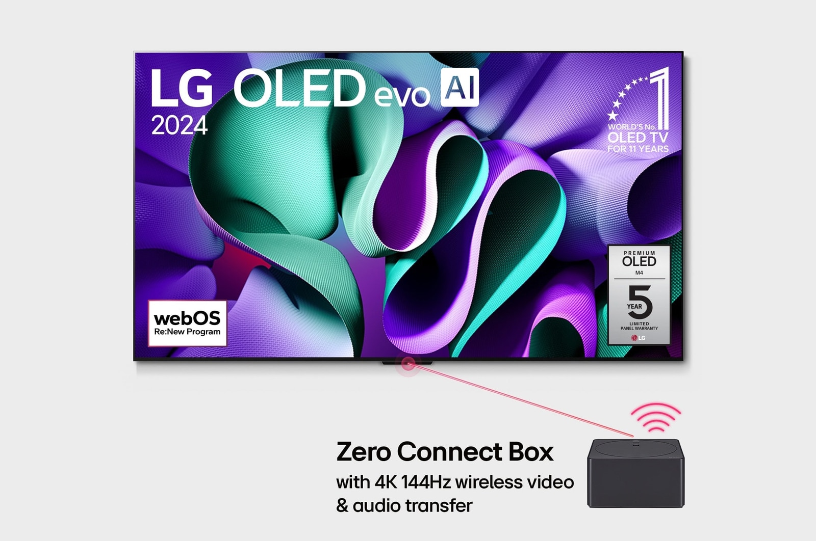 Front view with LG OLED evo AI TV, OLED M4, 11 Years of world number 1 OLED Emblem, webOS Re:New Program logo, 5-Year Panel Warranty logo on screen, and a Zero Connect Box with 4K 144Hz wireless video & audio transfer connected to a TV, and a Wi-Fi signal coming out of the box