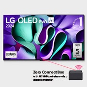 Front view with LG OLED evo AI TV, OLED M4, 11 Years of world number 1 OLED Emblem, webOS Re:New Program logo, 5-Year Panel Warranty logo on screen, and a Zero Connect Box with 4K 144Hz wireless video & audio transfer connected to a TV, and a Wi-Fi signal coming out of the box