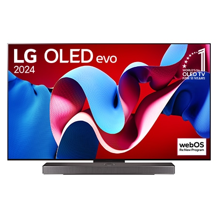 Front view with LG OLED evo TV, OLED C4, 11 Years of world number 1 OLED Emblem logo and webOS Re:New Program logo on screen, as well as the Soundbar below