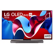 Front view with LG OLED evo AI TV, OLED C4, 11 Years of world number 1 OLED Emblem logo and webOS Re:New Program logo on screen, as well as the Soundbar below