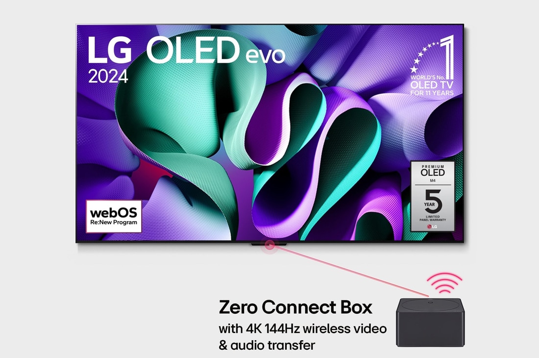 Front view with LG OLED evo TV, OLED M4, 11 Years of world number 1 OLED Emblem, webOS Re:New Program logo, 5-Year Panel Warranty logo on screen, and a Zero Connect Box with 4K 144Hz wireless video & audio transfer connected to a TV, and a Wi-Fi signal coming out of the box