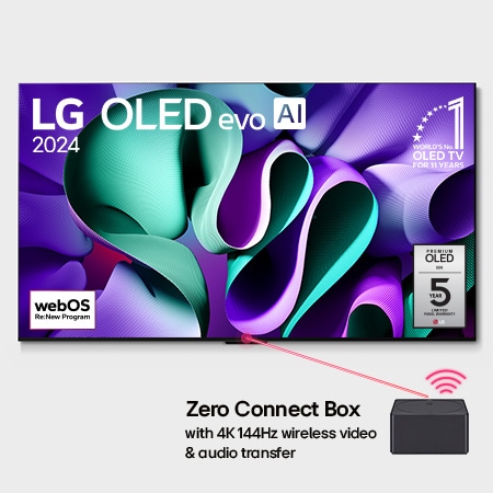 Front view with LG OLED evo TV, OLED M4, 11 Years of world number 1 OLED Emblem, webOS Re:New Program logo, 5-Year Panel Warranty logo on screen, and a Zero Connect Box with 4K 144Hz wireless video & audio transfer connected to a TV, and a Wi-Fi signal coming out of the box