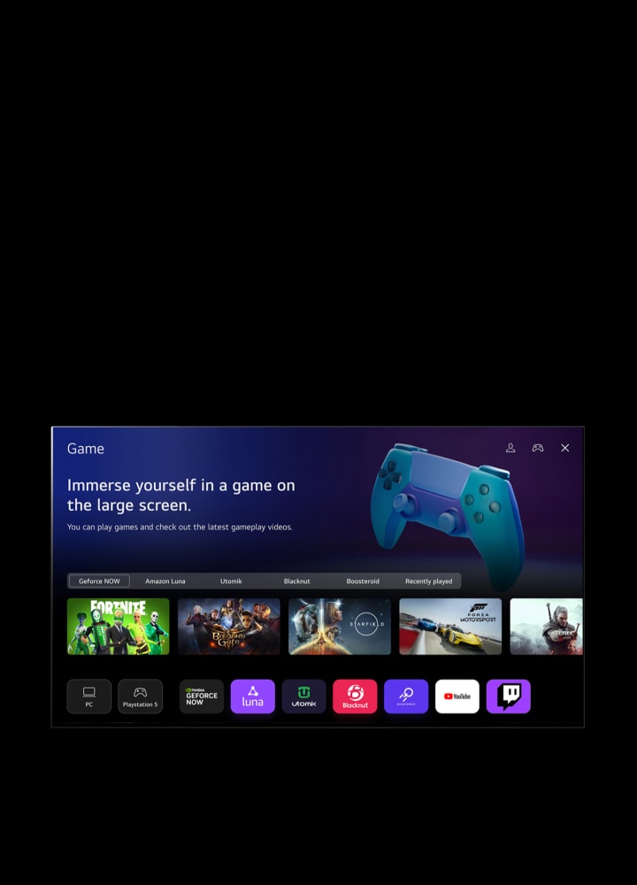 A cursor clicks on Sports and the screen fades into a Sports homepage with the text "Register your favorite team/player for more information about league standing, game schedules or any other updates," and "Popular league list." Five thumbnails are labeled as Soccer, Basketball, Baseball, Cricket, and Ice Hockey. The screen fades back, the cursor clicks on Game, and the screen fades into a Game homepage with the text "Immerse yourself in a game on the large screen. You can play games and check out the latest gameplay videos." The image shows buttons labeled Geforce NOW, Amazon Luna, Utomik, Blacknut, Boosteroid, and Recently played. The following logos are displayed: GeForce Now, Amazon Luna, Utomik, Blacknut, Boosteroid, YouTube, and Twitch.