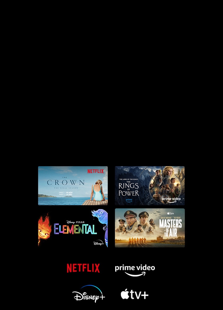 Four thumbnails of movies and TV shows are displayed and the logos of Netflix, Prime Video, Disney+, and Apple TV+ are below.
