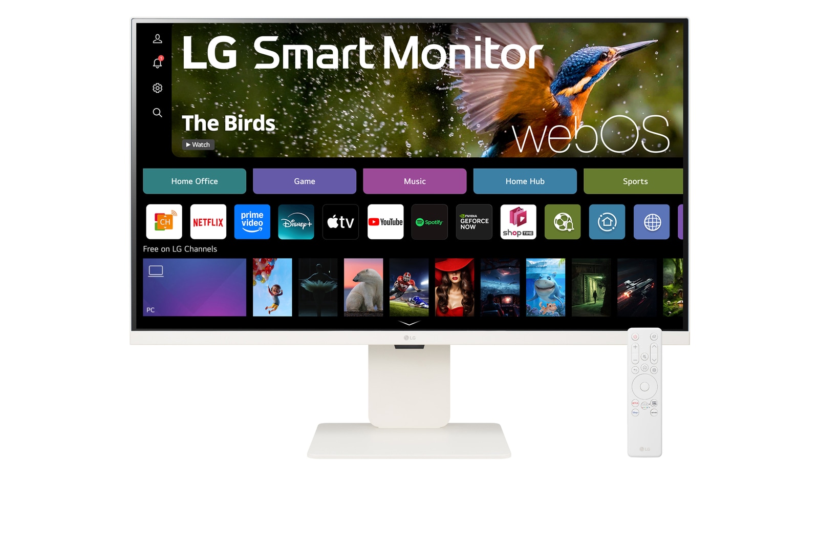 front view of LG Smart Monitor 32SR83U-W with webcam and remote control