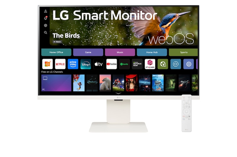 front view of LG Smart Monitor 32SR83U-W with webcam and remote control