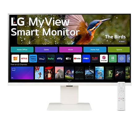 front view of LG MyView Smart Monitor 32SR83U-W with webcam and remote control