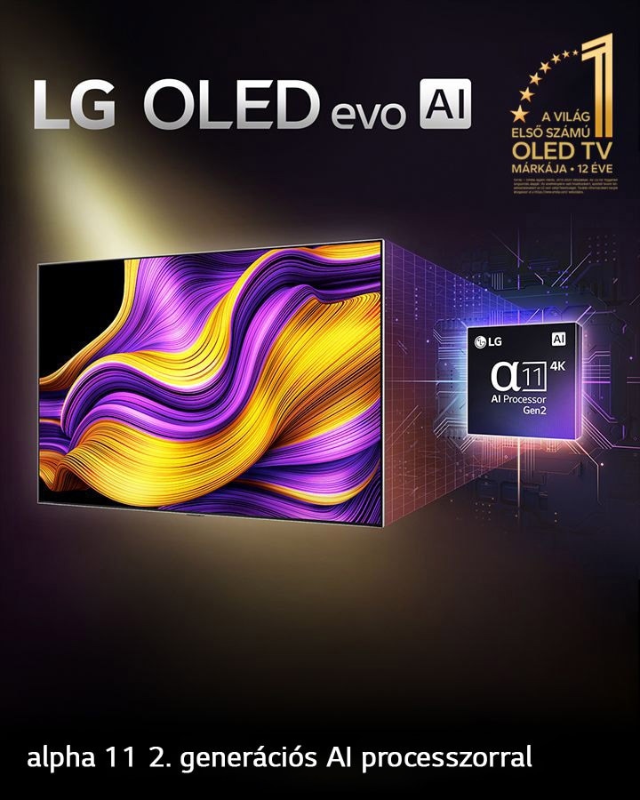 LG OLED evo AI TV képernyőjén egy absztrakt kép impresszív részletekkel, színnel és kontraszttal. Az alpha 11 AI Processor Gen2 nagyított verziója a TV mögött van. Fényesen ragyog a mikrochip áramkörét megvilágítva. A cím így szól: LG OLED evo AI. Szöveg is látható: az LG alpha 11 AI processzor Gen2 által működtetve. Arany logó, csillagokkal a sarokban, melyen az olvasható: világelső OLED TV 12 éven át.