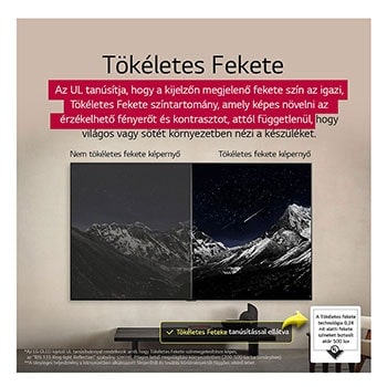 Nappali, falra szerelt LG OLED TV készülékkel. A TV-n egy hegyláncolat látható a csillagokkal teli, sötét, esti égbolt előtt. A jelenet ketté van osztva. Az egyik oldal egy fakóbb, szürkébb változatát mutatja a tájnak, Nem Tökéletes Fekete megjelenítés felirattal. A másik oldalon egy sokkal tetszetősebb kép látható, nagyobb fekete-fehér dinamika tartománnyal. Ennek a felirata: Tökéletes Fekete megjelenítés. A tanúsítvány logó is látható; A Perfect Black Technology fekete megjelenítése kisebb vagy egyenlő, mint 0,24 nit, 500 lux értékig.