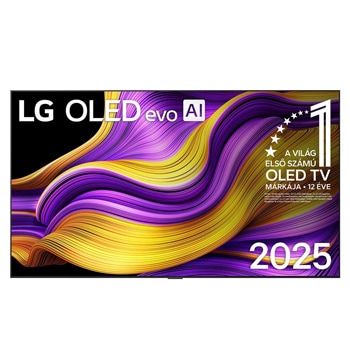 LG OLED evo AI G5 4K Smart TV elülső nézete. 12 éve világelső OLED embléma és LG OLED evo AI 2025 logó látható a képernyőn.