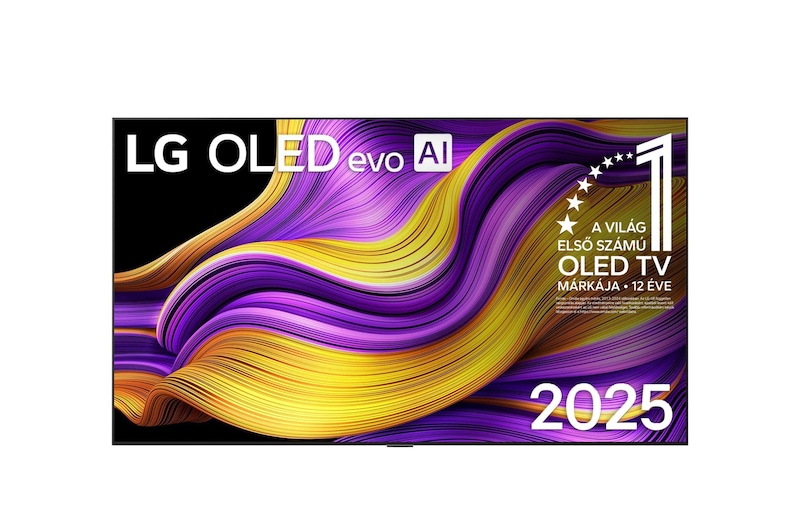 LG OLED evo AI G5 4K Smart TV elülső nézete. 12 éve világelső OLED embléma és LG OLED evo AI 2025 logó látható a képernyőn.