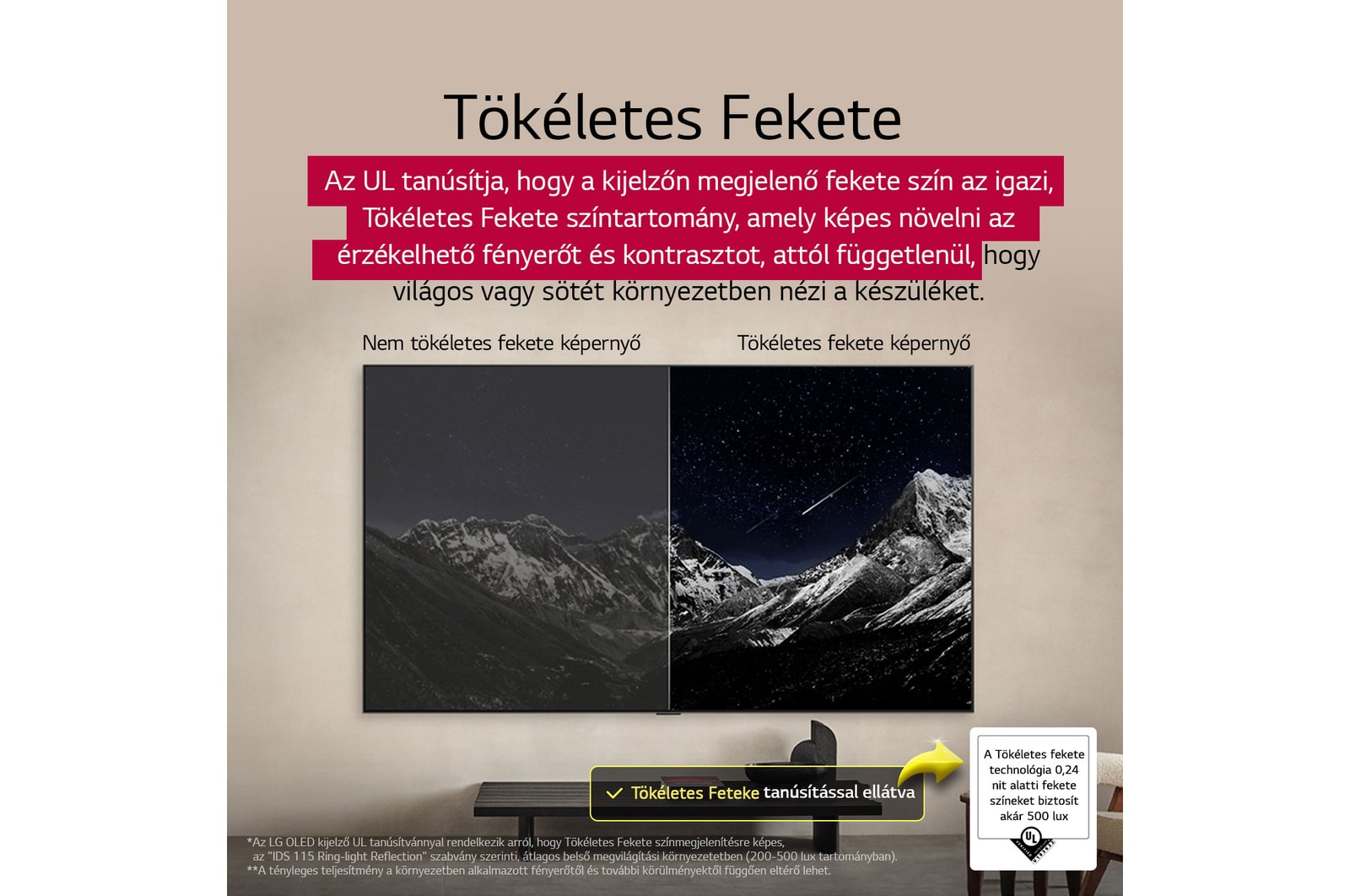 Nappali, falra szerelt LG OLED TV készülékkel. A TV-n egy hegyláncolat látható a csillagokkal teli, sötét, esti égbolt előtt. A jelenet ketté van osztva. Az egyik oldal egy fakóbb, szürkébb változatát mutatja a tájnak, Nem Tökéletes Fekete megjelenítés felirattal. A másik oldalon egy sokkal tetszetősebb kép látható, nagyobb fekete-fehér dinamika tartománnyal. Ennek a felirata: Tökéletes Fekete megjelenítés. A tanúsítvány logó is látható; A Perfect Black Technology fekete megjelenítése kisebb vagy egyenlő, mint 0,24 nit, 500 lux értékig.