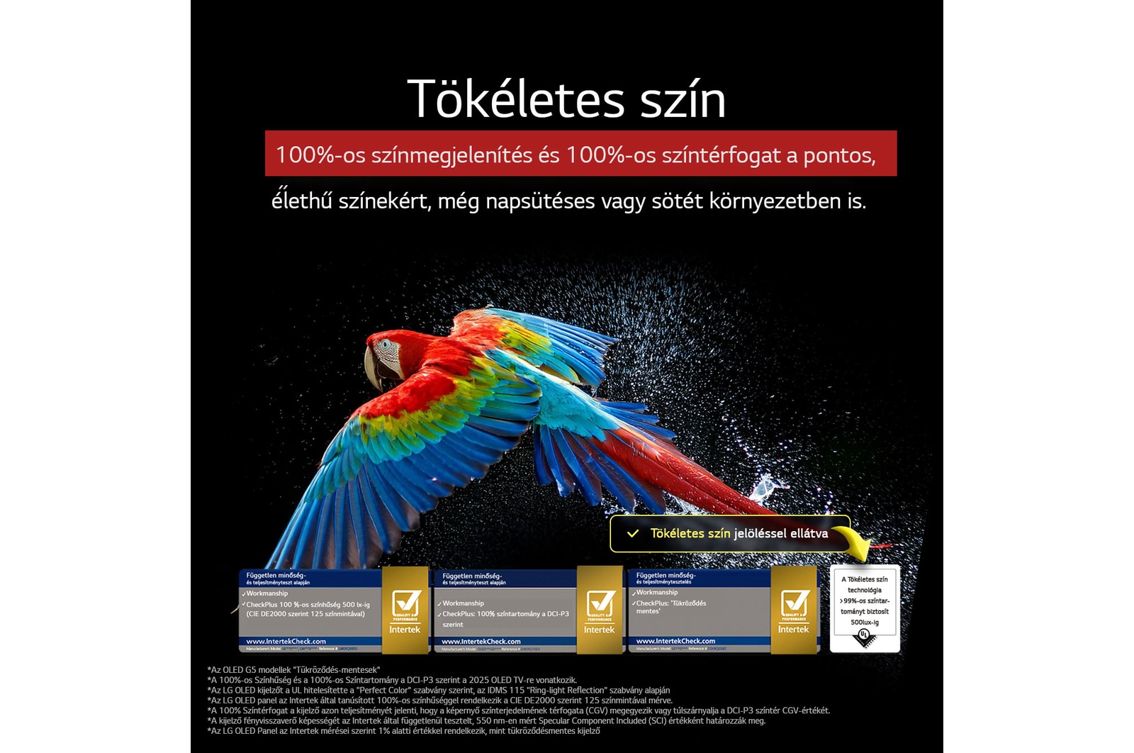 Káprázatos és élénk színű tűzijáték látható a TV képernyőn. Ez a 100%-os színhűséget mutatja be, amely olyan pontos színeket mutat akárcsak a napfényben. A tanúsítvány logó látható; a Perfect Color technológia 99%-nál magasabb konzisztenciát nyújt akár 500 lux értékig. Mellette független tesztelést igazoló Intertek tanúsítványok helyezkednek el.