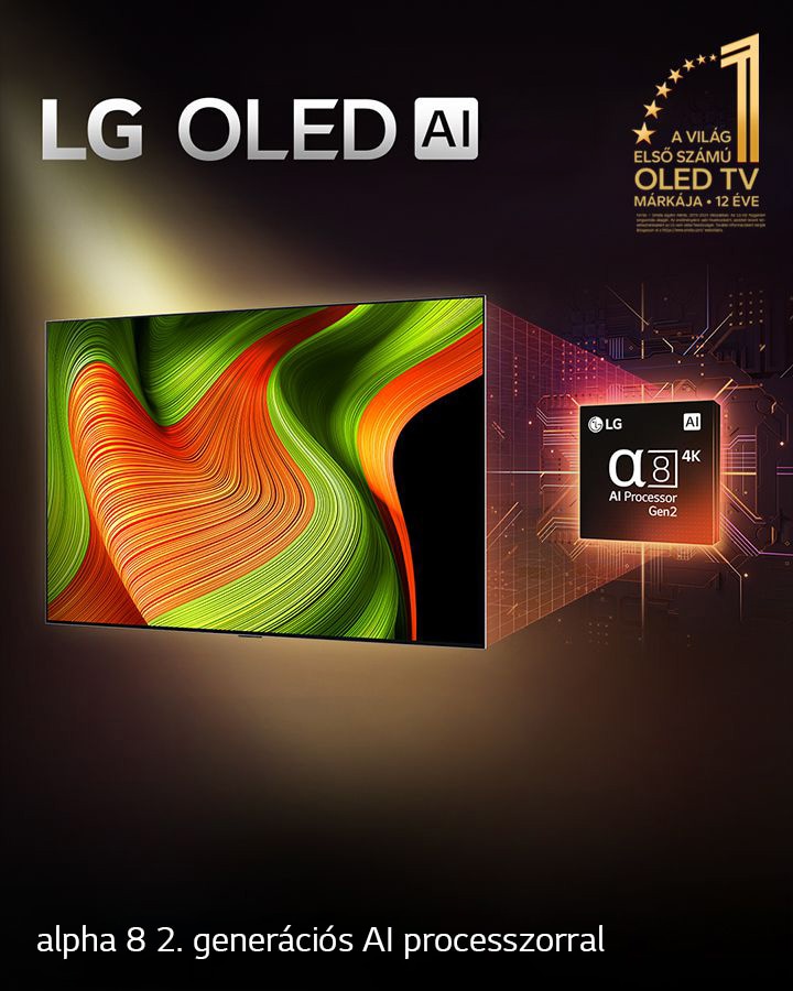 Egy LG OLED AI TV képernyőjén egy absztrakt kép látható lenyűgöző részletességgel, színekkel és kontraszttal. A TV mögött a 2. generációs α8 AI Processzor felnagyított verziója tűnik fel, fényesen ragyogva, megvilágítva a környező mikrochip áramköröket. A cím: LG OLED AI. A sarokban egy arany logó csillagokkal, amely ezt hirdeti: A világ első számú OLED TV-je 12 éve.