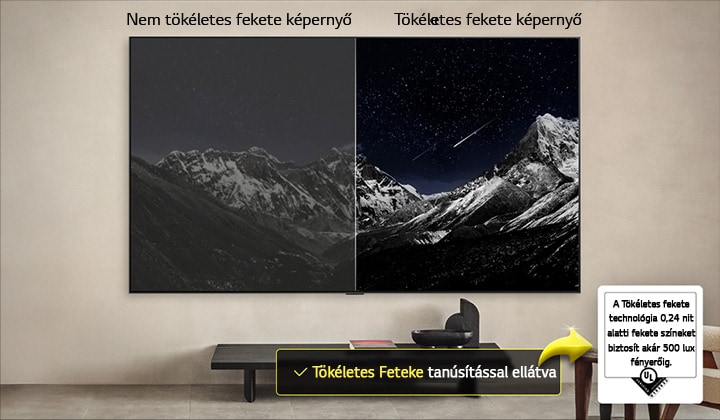 A falra szerelt OLED TV kijelző egyik oldalán tompa-, a másikon szebb kép látható: "Tökéletes fekete képernyő" felirattal.