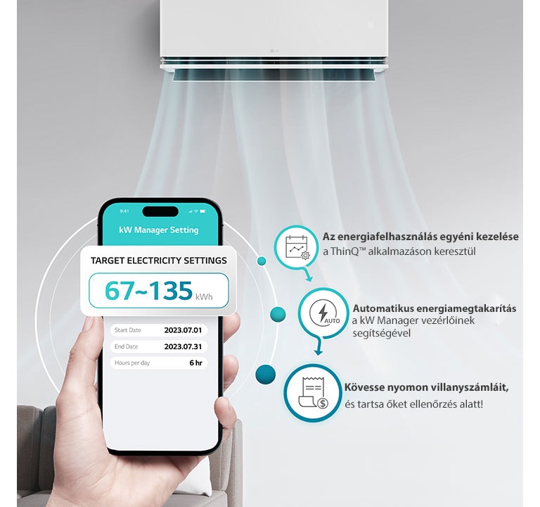A légkondicionáló energiafogyasztása beállítható egy előre megadott célmennyiségre, amelyen belül felhasználható.
