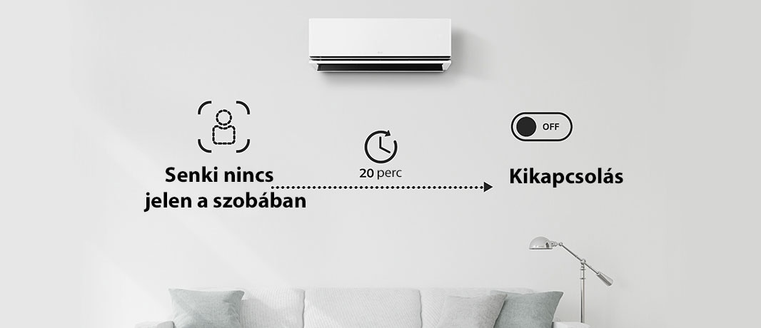 Kikapcsolja a légkondicionálót, ha 20 percig nincs jelen senki a szobában. Ezt a beállítást csak a ThinQ segítségével választhatja ki.