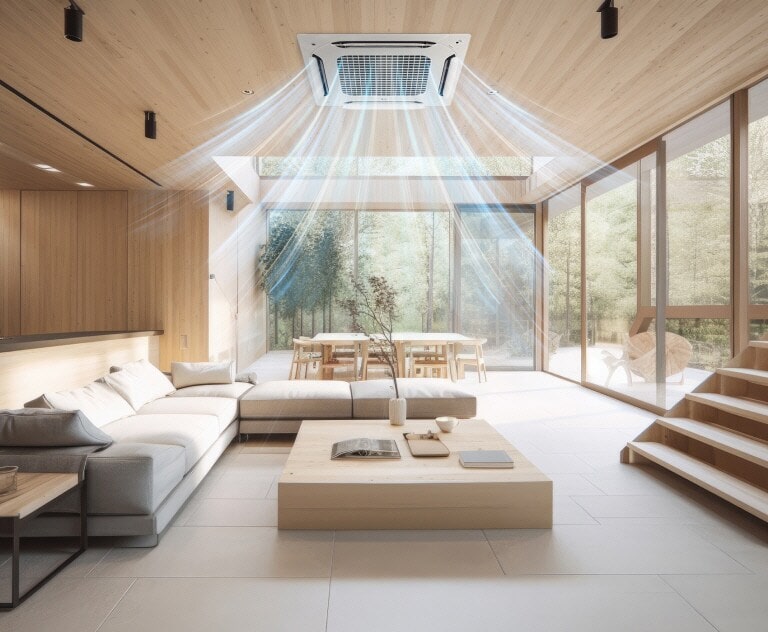 LG mennyezetre szerelhető kazetta látható légáramot keringetve a tágas, meleg tónusú bútorozott s növényekkel teli nappaliban