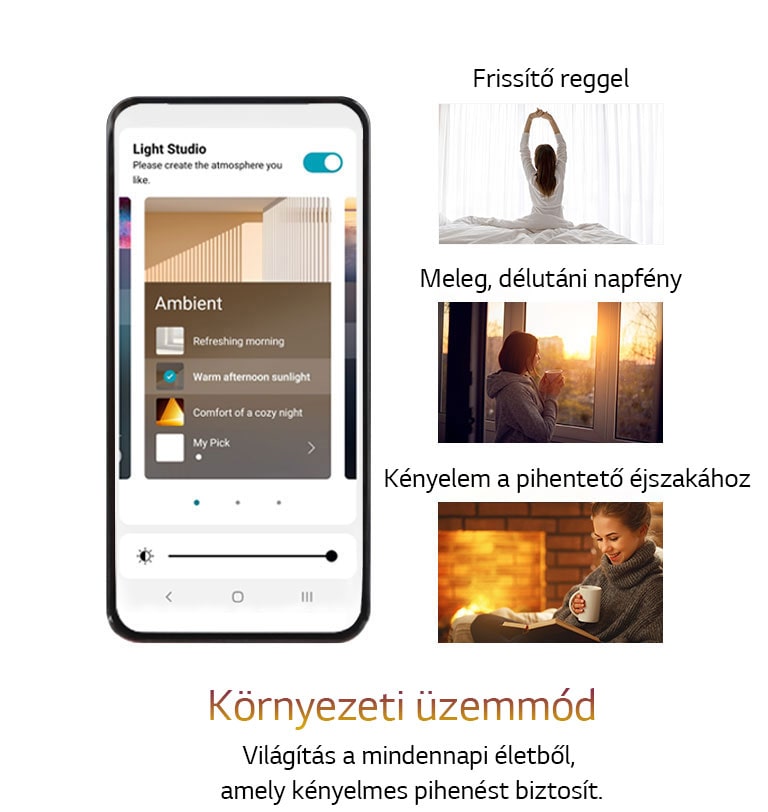 Mobiltelefon képe az APP képernyőjével környezeti üzemmódban. A képeken többek között nők ülnek az ágyon, merengenek, nyújtózkodnak, nők nézik a naplementét, és nők tartanak szünetet olvasás közben.