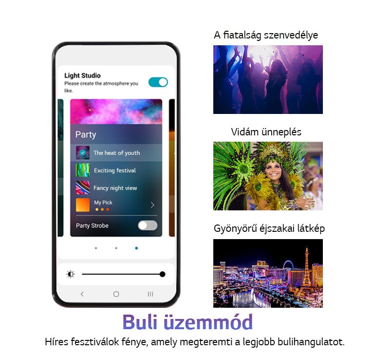 Mobiltelefon képe az APP képernyőjével buli üzemmódban. Klubokban táncoló emberek körvonala. A képen egy nő látható színes buliruhában. A város éjszakai képe színes neonfényekkel.