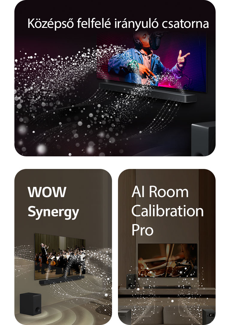 Zenei előadást lejátszó LG Soundbar és LG TV egy fekete szobában. Hanghullámokat jelképező, cseppekből álló fehér hullámok felfelé és előre terjednek a hangprojektorból, miközben a mélynyomó alulról hanghatást kelt.  LG Soundbar és LG TV egy nappaliban zenekari előadást játszik le. A hanghullámokat jelképező, cseppekből álló fehér hullámok felfelé és előre terjednek a hangprojektorból, és kivetítődnek a tévéből, miközben a mélynyomó alulról hanghatást kelt.  LG Soundbar, LG TV, hátsó hangszórók és a mélynyomó egy nappaliban. A szoba fölött egy rácsszerkezet jelenik meg, mintha szkennelné a teret. A cseppekből álló fehér hanghullámok a hátsó hangszórókból indulnak ki.