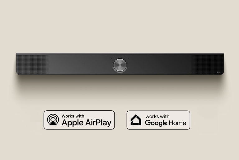 Egy LG Soundbar térbeli felülnézete. Apple AirPlay logó Google Home logó