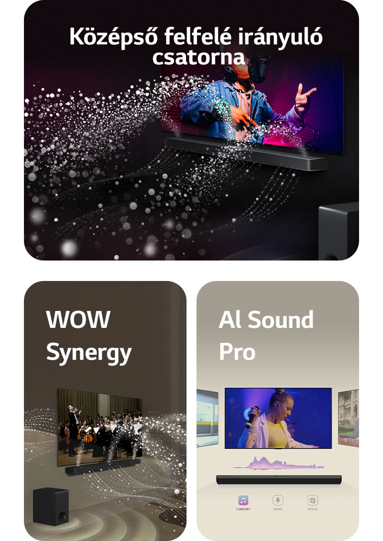 Zenei előadást lejátszó LG Soundbar és LG TV egy fekete szobában. Hanghullámokat jelképező, cseppekből álló fehér hullámok felfelé és előre terjednek a hangprojektorból, miközben a mélynyomó alulról hanghatást kelt.  LG Soundbar és LG TV egy nappaliban zenekari előadást játszik le. A hanghullámokat jelképező, cseppekből álló fehér hullámok felfelé és előre terjednek a hangprojektorból, és kivetítődnek a tévéből, miközben a mélynyomó alulról hanghatást kelt.  LG Soundbar három különböző TV-képernyővel felül. Az egyik egy filmet, a másik egy koncertet, a harmadik pedig egy hírműsort mutat. A hangprojektor alatt három ikon mutatja az egyes műfajokat.