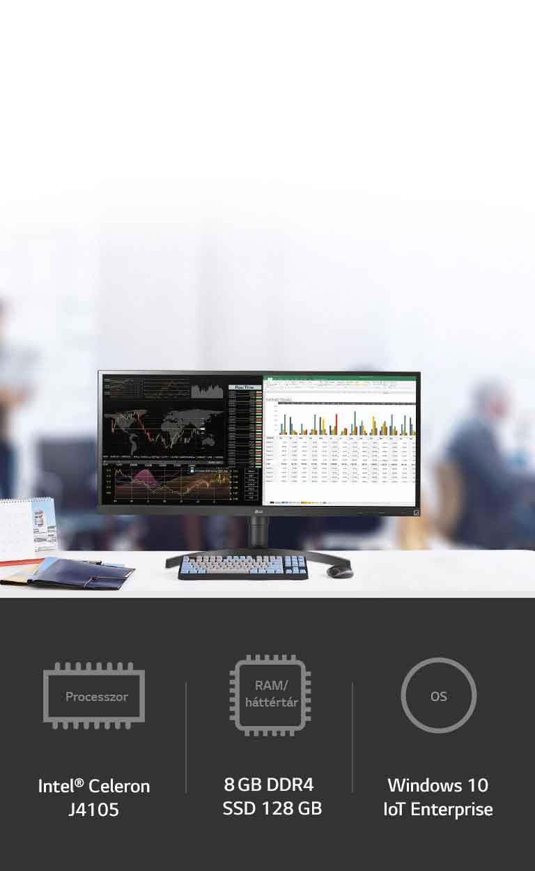 Nagy teljesítmény a processzornak (Intel® Celeron J4105), RAM-memóriának/háttértárnak (8 GB DDR4 / SSD 128 GB) és operációs rendszernek (Windows10 IoT Enterprise) köszönhetően