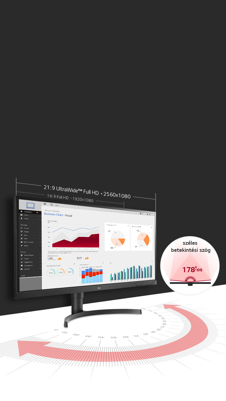 Az IPS-technológiának köszönhetően az LG monitora 178̊-os széles betekintési szöget kínál A 21:9 képarányú UltraWide™ Full HD felbontás (2560x1080) emellett 33%-kal több helyet kínál a képernyőn, mint a 16:9 Full HD felbontású kijelzők.