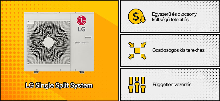 LG Single Split rendszer: Egyszerű, alacsony költségű telepítés; gazdaságos kis helyekre, független hőmérséklet-szabályozással.