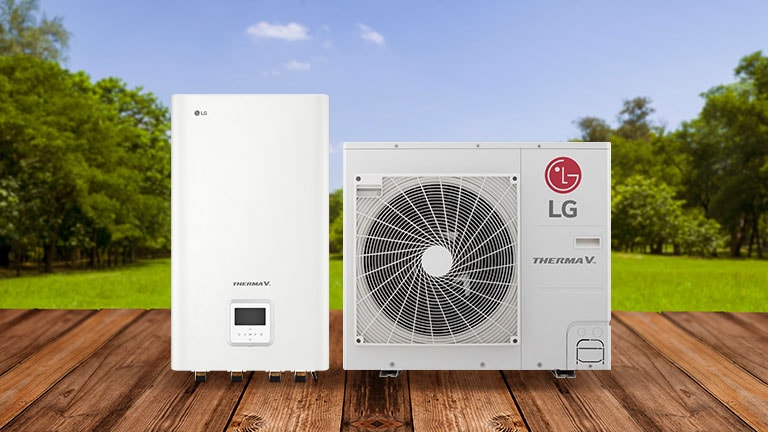 LG Therma V beltéri és kültéri egysége egymás mellett látható