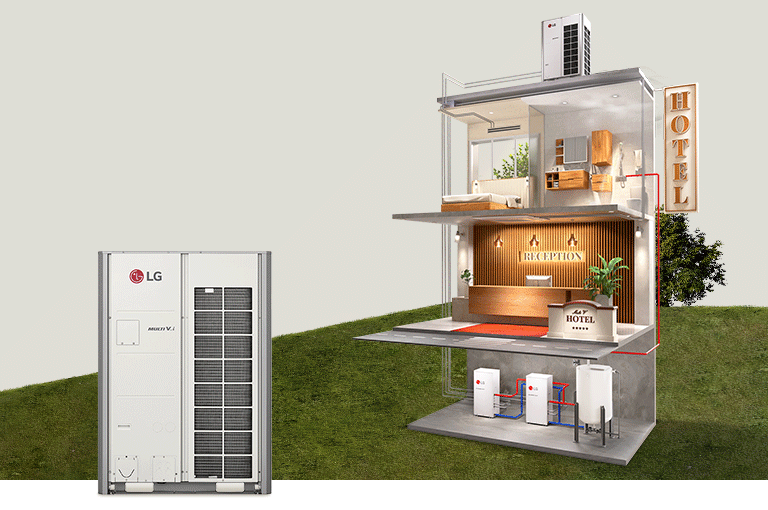 Háromszintes, alagsorral rendelkező szálloda perspektivikus rajzzal. A Hydro Kits és a MULTI V i beltéri egységekhez egy helyiségben és több vezetéken keresztül csatlakozik.