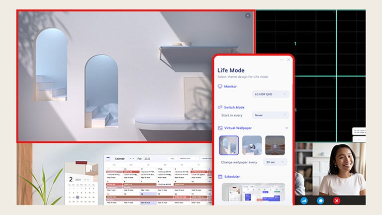 Az LG Switch alkalmazás segít optimalizálni a monitort a hatékony munkakörnyezethez, például hat területre osztani a kijelzőt, kezelni az ütemterveket, vagy a videohívó platformot könnyedén elindítani a hozzárendelt gyorsbillentyűk segítségével.