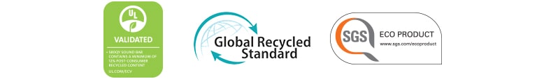 Balról haladva az UL VALIDATED (logó), Global Recycled Standard (logó), valamint az SGS ECO PRODUCT (logó) láthatók.