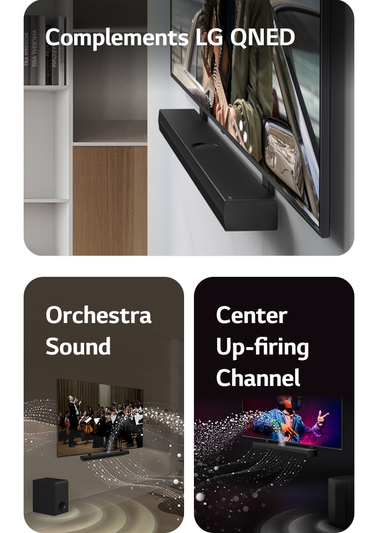 LG Soundbar és LG QNED TV a falon a QNED-hez illeszkedő konzollal egy szürke fából készült lakótérben, térbeli nézetben, egy gitározó férfit ábrázolva az óceán előtt.   LG Soundbar és LG TV egy nappaliban zenekari előadást játszik le. A hanghullámokat jelképező, cseppekből álló fehér hullámok felfelé és előre terjednek a hangprojektorból, és kivetítődnek a tévéből, miközben a mélynyomó alulról hanghatást kelt.  Zenei előadást lejátszó LG Soundbar és LG TV egy fekete szobában. Hanghullámokat jelképező, cseppekből álló fehér hullámok felfelé és előre terjednek a hangprojektorból, miközben a mélynyomó alulról hanghatást kelt.